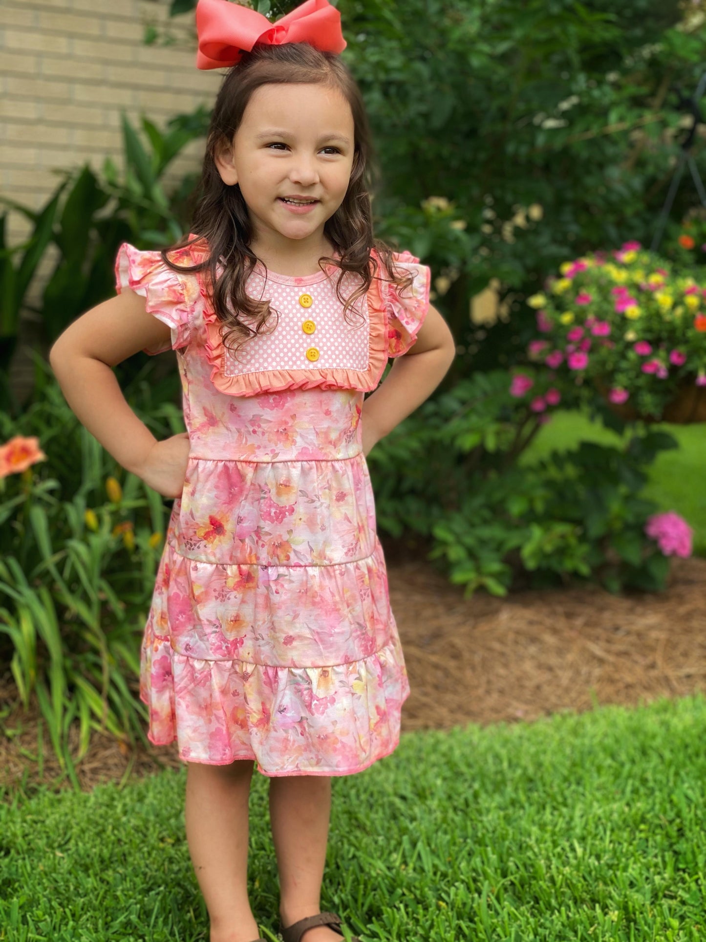 May Flowers Tiered Flutter Sleeve Dress in Coral