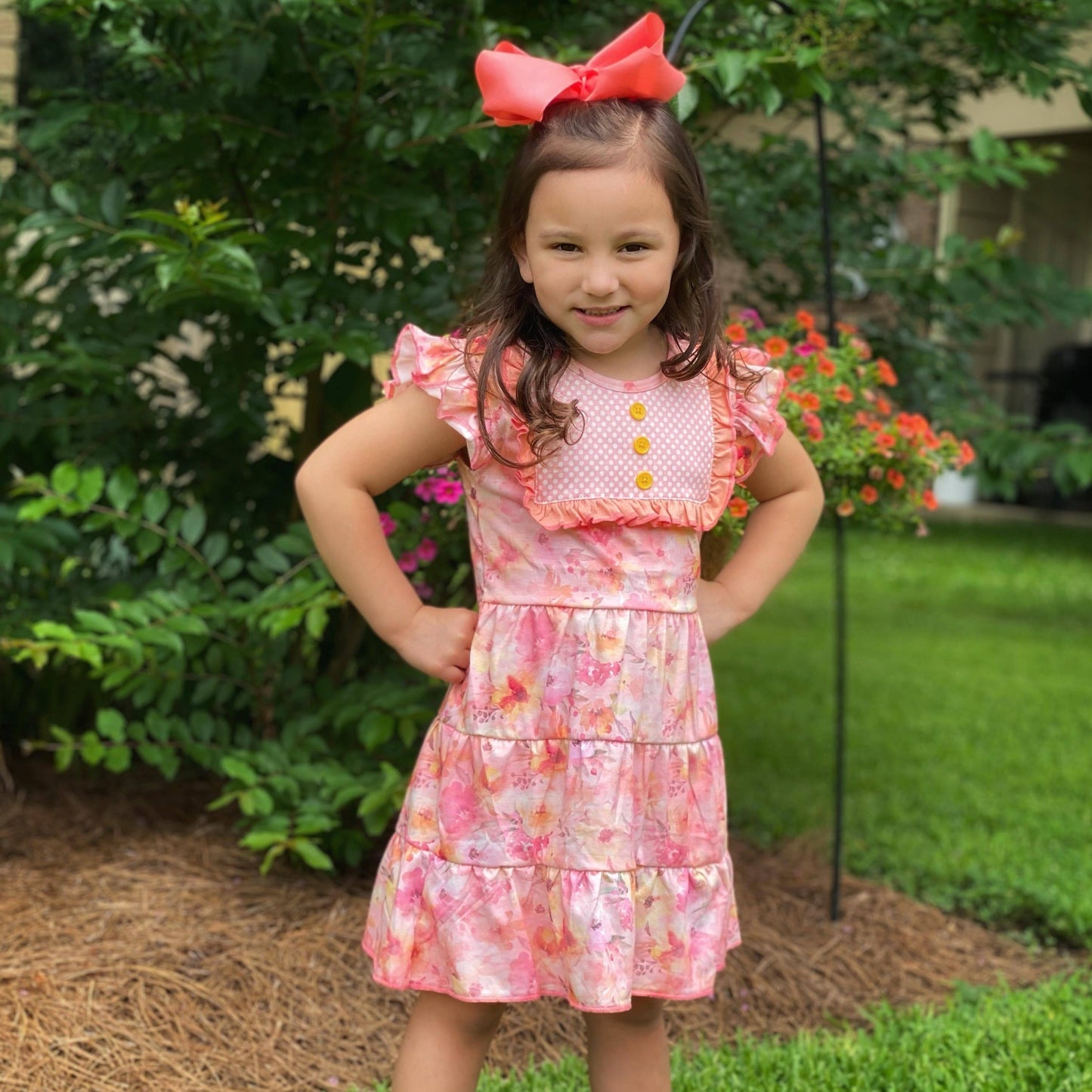 May Flowers Tiered Flutter Sleeve Dress in Coral