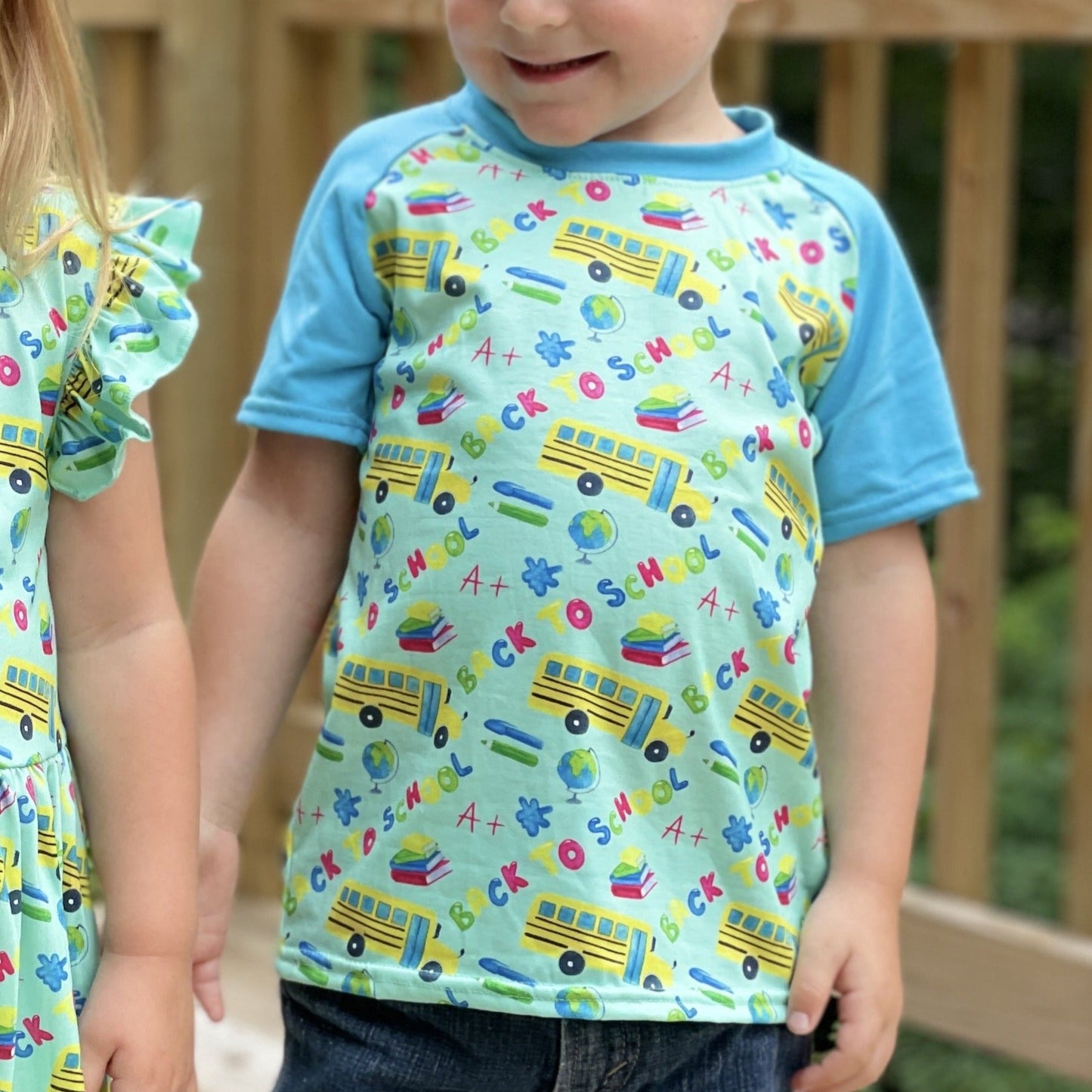 Back to School Yellow & Blue Bus Raglan