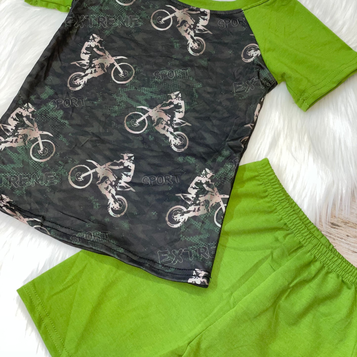 Green Extreme Sport Dirt Bike Printed Raglan and Short Set
