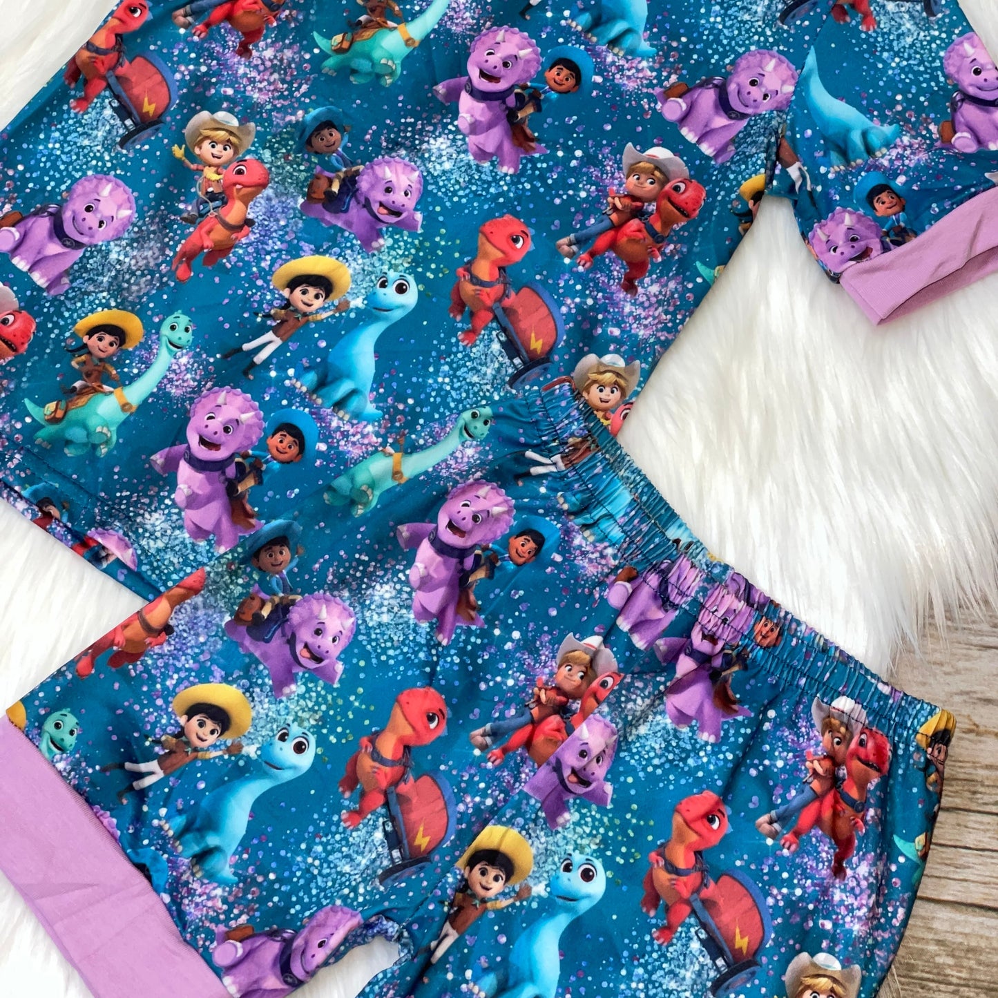 Dino Characters Teal & Lavender Short Sleeve Loungewear Set