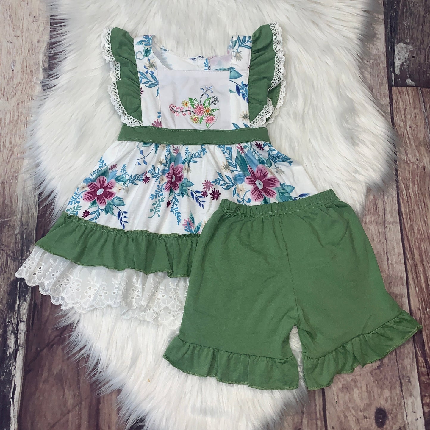 Embroidered Floral Ruffle Eyelet Lace Dress Set