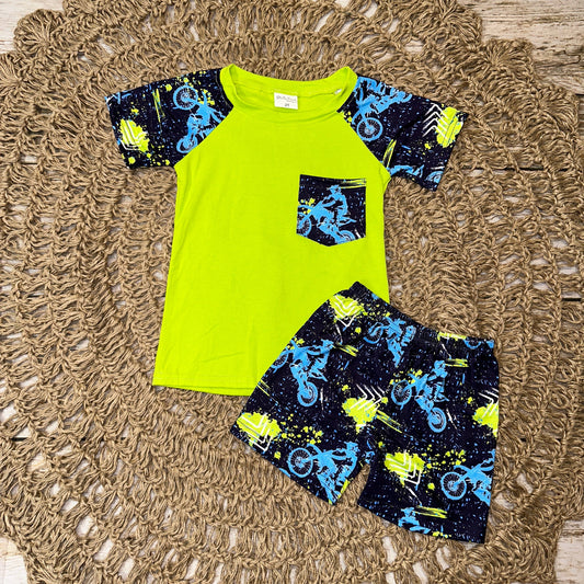 Lime Green Motocross Pocket Raglan and Shorts Set