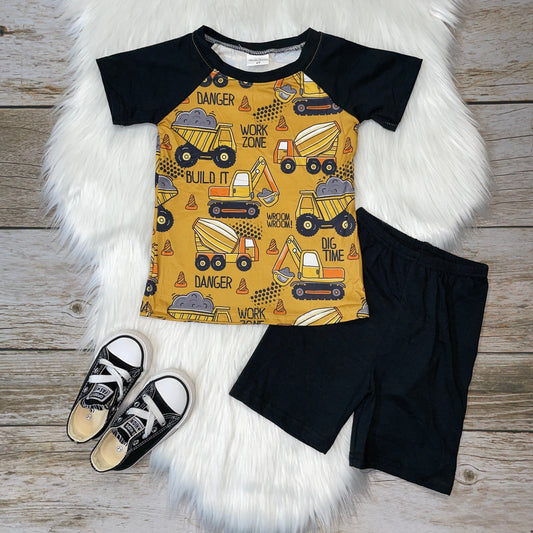 Yellow & Black Work Zone Printed Raglan and Short Set