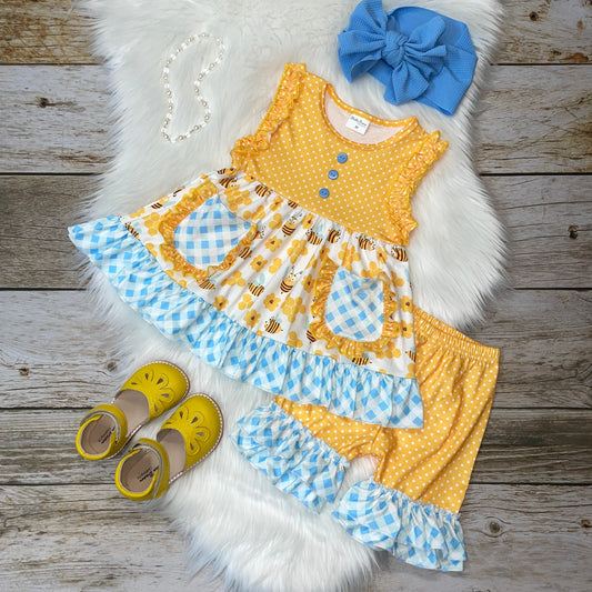 Yellow Bumble Bee Tunic and Short Set with Blue Check Print Ruffle