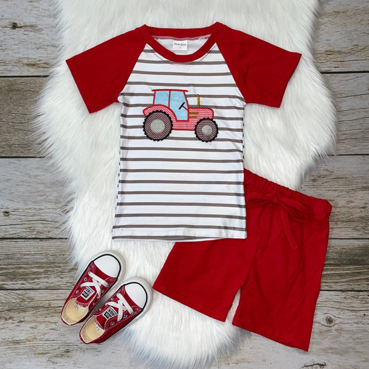 Red & Grey Embroidered Tractor Raglan and Short Set