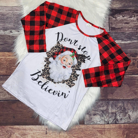 Don't Stop Believin' Buffalo Plaid Long Sleeve Mom Raglan